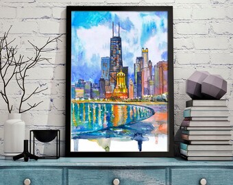 シカゴのスカイライン ウォールアートプリント 都市水彩画、風景、都市