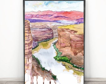Grand canyon National park Art Travel Poster Watercolor Painting, Hiking wall art