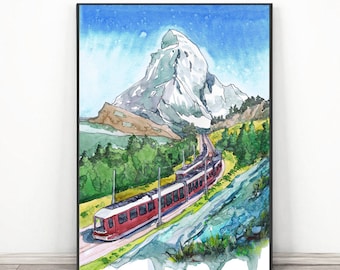 Matterhorn Zermatt print, Switzerland painting  Swiss Alps Mountain Wall Art, Watercolor landscape