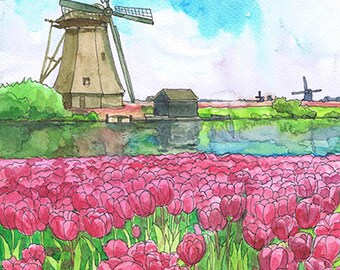 オランダの風車の絵画、チューリップ畑の水彩画、オランダの風景旅行
