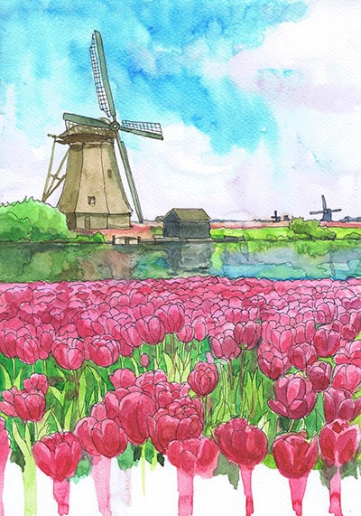 オランダの風車の絵画、チューリップ畑の水彩画、オランダの風景旅行
