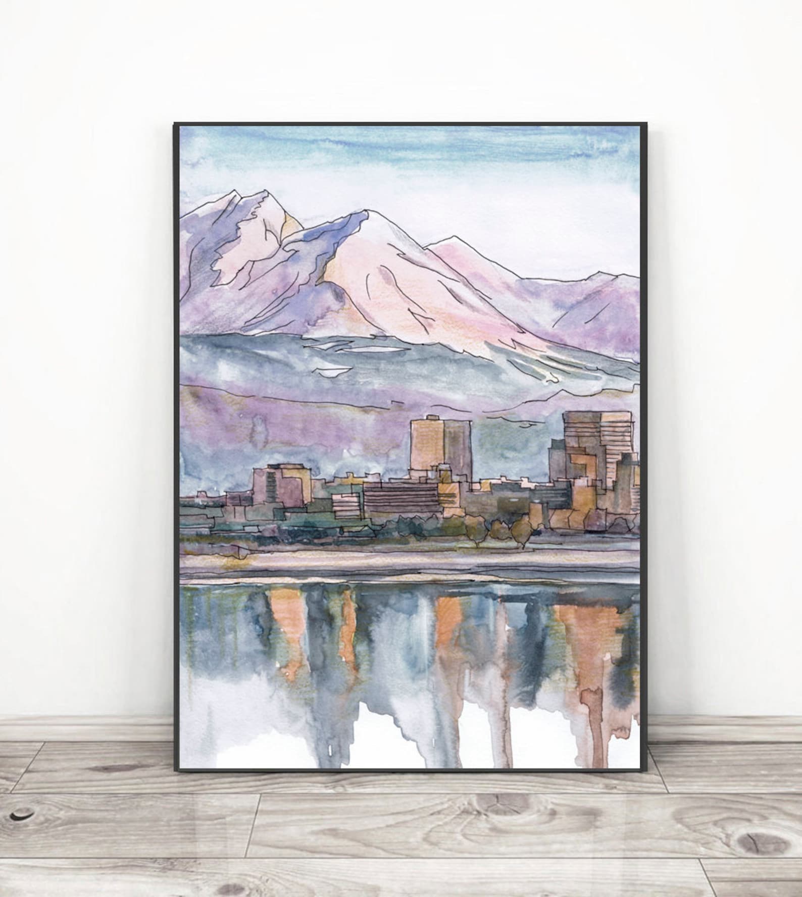 Anchorage Skyline Watercolor Painting Print Cityscape Alaska Etsy