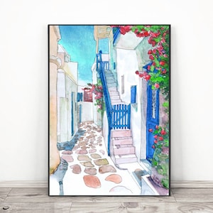Mykonos Art Print, Greek islands poster, Greece Painting Watercolor Landscape, Master Bedroom Wall decor, Coastal wall art
