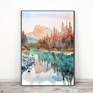 Arte del Parque Nacional Yoho, Arte de la pared de la montaña de Canadá, Pintura de acuarela Impresión del lago esmeralda - Cartel del lago escondido