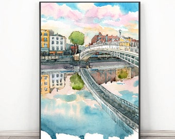 Dublin Print Irish Art Ireland Peinture Aquarelle, Ha'penny Bridge Art Print, Affiche de voyage Dublin