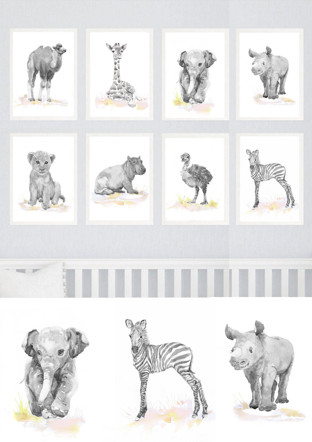 Neutral Nursery Set of 8 Prints Baby Animals Watercolor | Etsy