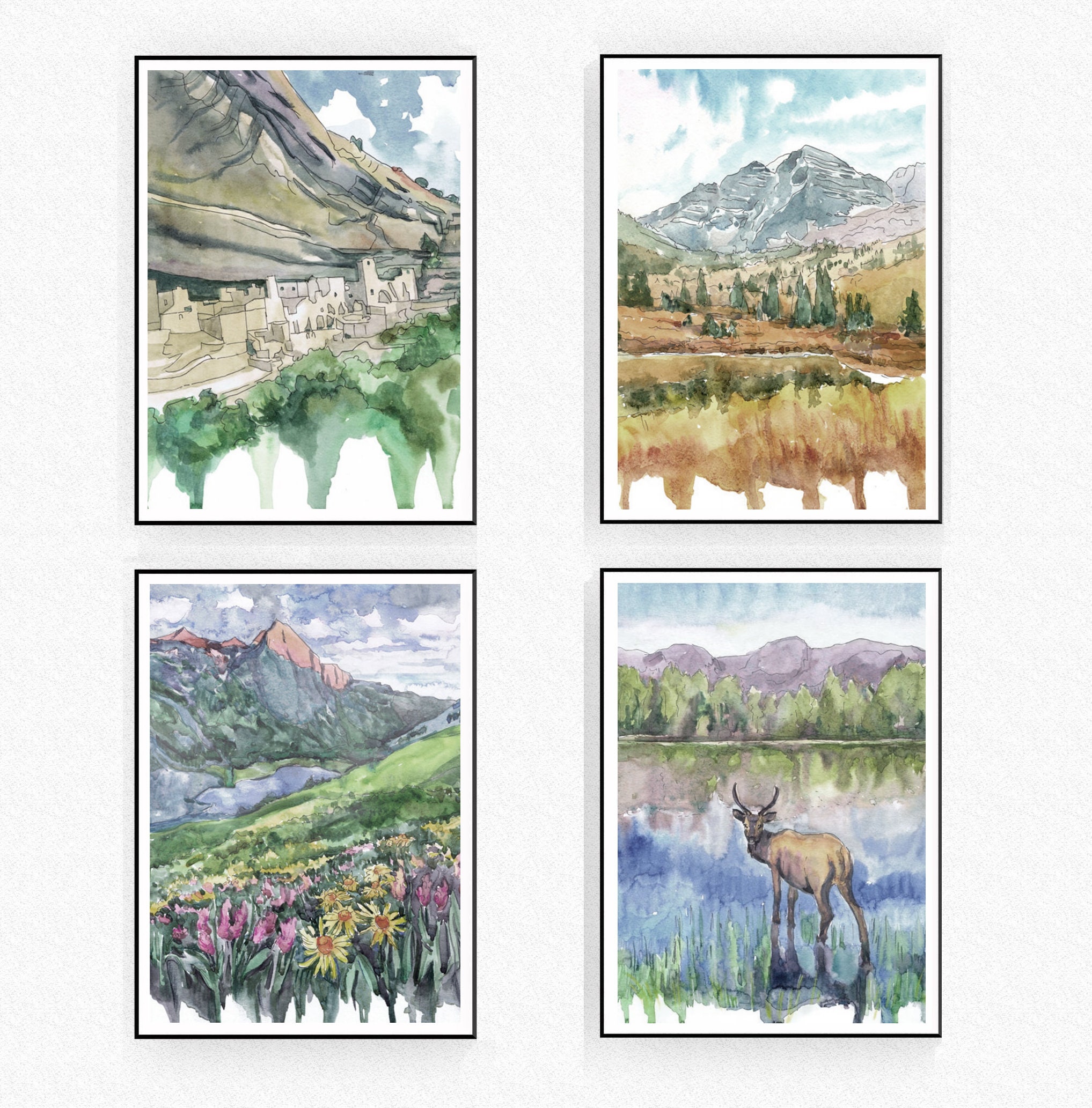 コロラド国立公園の水彩画アートプリント：風景画4枚セット