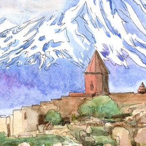 Armenia Art Mount Ararat Print, Watercolor Landscape Painting Khor ...