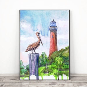 Jupiter Florida Wall Art,  Lighthouse Watercolor Painting, Coastal Florida landscapes prints - Jupiter Inlet Light artwork by Valentna Ra