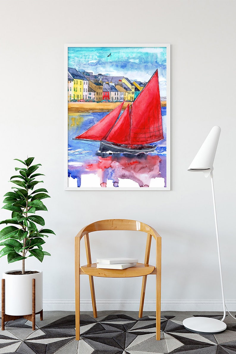 Galway Ireland Watercolor Poster Sailboat Painting - Etsy