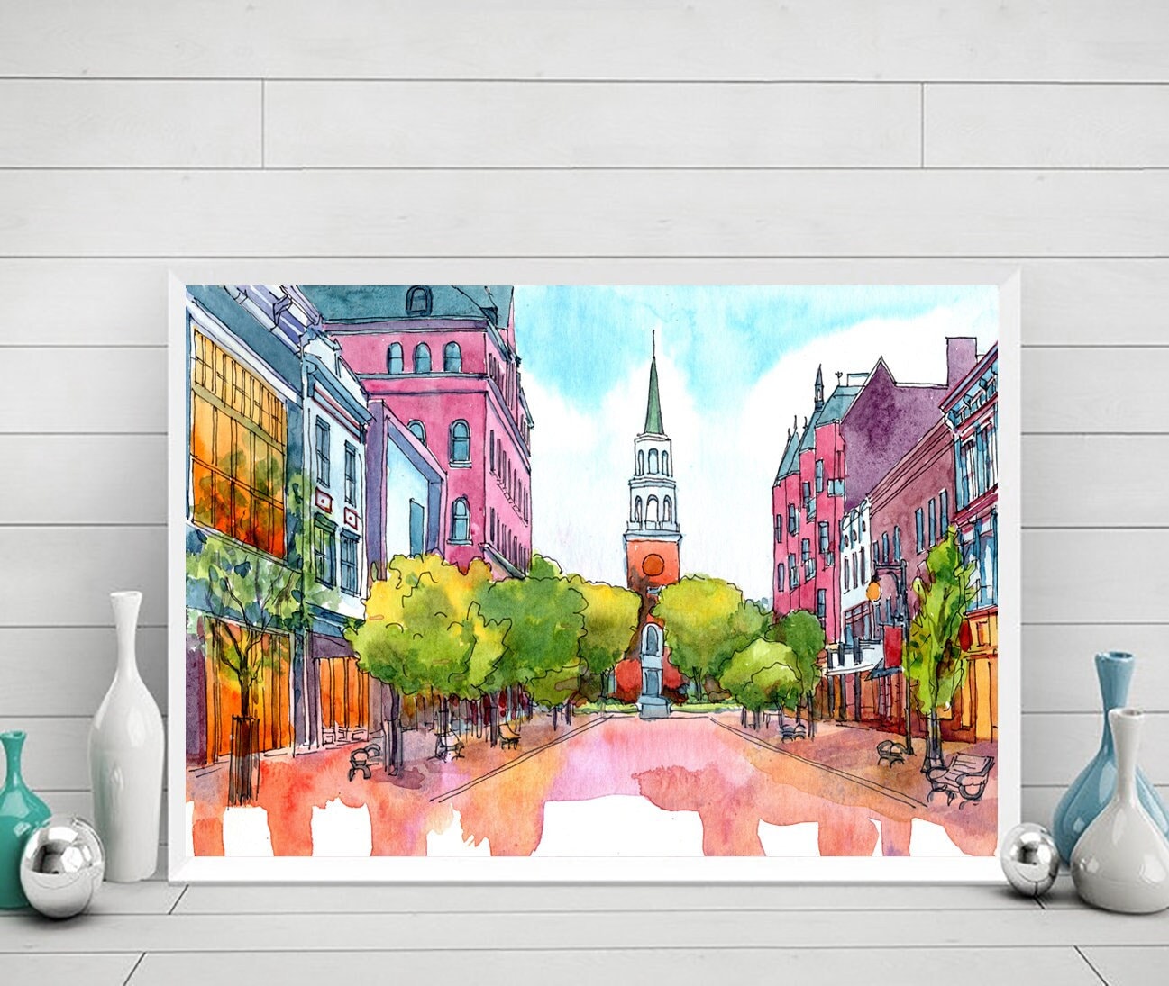 Burlington Vermont Print Watercolor Painting, Church Street Cityscape Travel Poster, Сity art print