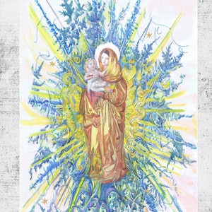 Our lady, watercolor painting , virgin mary painting, religious art, Mary and Jesus, mix media, illustration, Mary art print, valrart