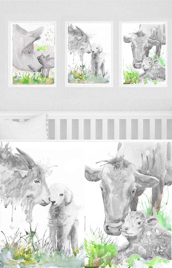 Nursery Wall Art Farm Animal Set of 3 Prints Watercolor | Etsy