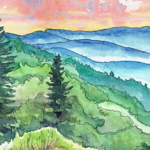 May include: Watercolor painting of a mountain landscape with a pink and orange sunset sky. The foreground features a row of green trees and a distant view of blue mountains.