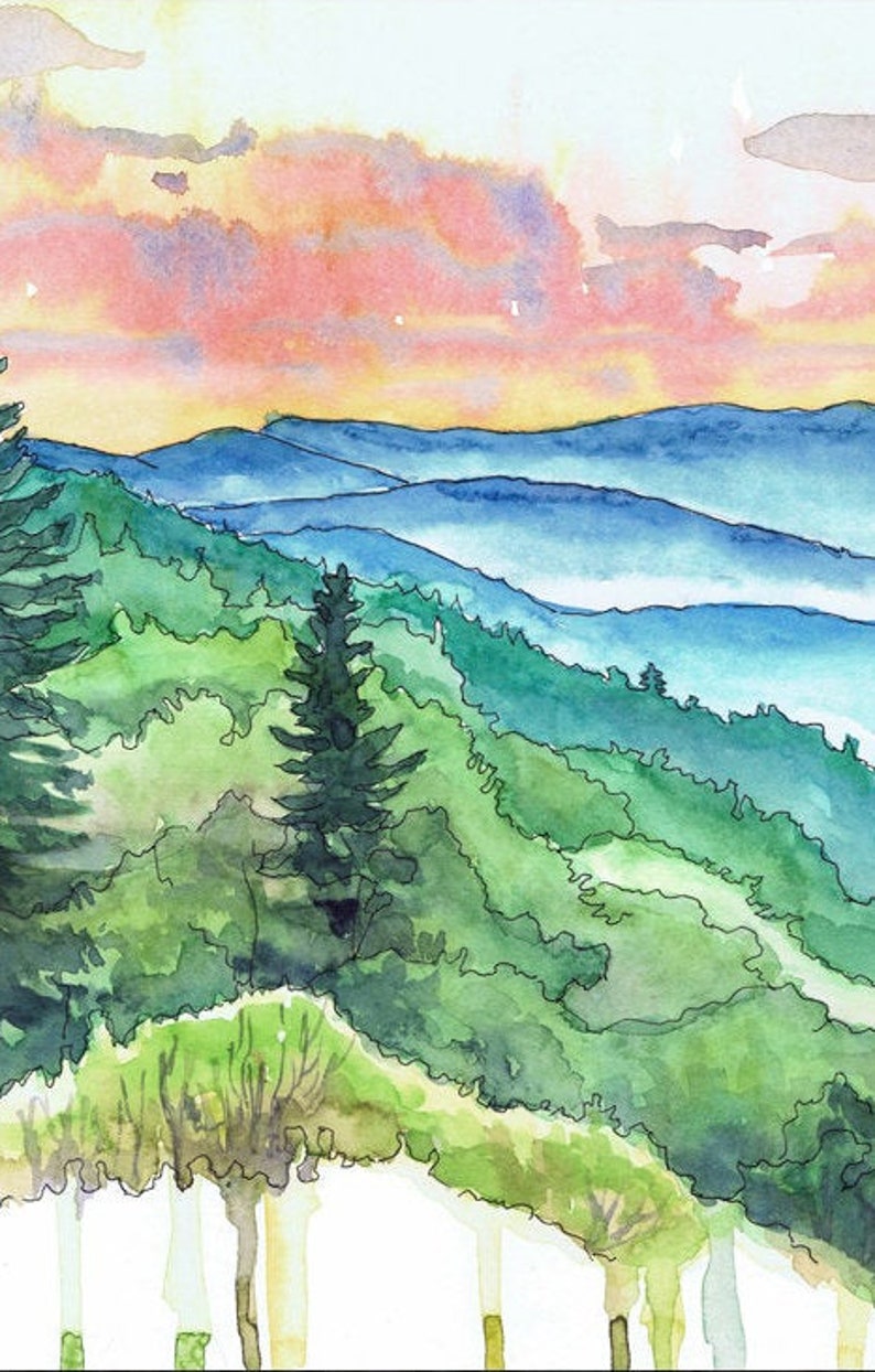 May include: Watercolor painting of a mountain landscape with a pink and orange sunset sky. The foreground features a row of green trees and a distant view of blue mountains.