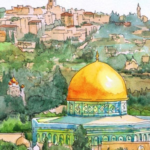 Peut inclure: Une peinture &agrave; l'aquarelle du D&ocirc;me du Rocher &agrave; J&eacute;rusalem, avec un d&ocirc;me dor&eacute; et des carreaux bleus et verts. La peinture montre le d&ocirc;me de loin, avec la ville de J&eacute;rusalem en arri&egrave;re-plan.