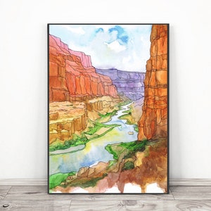 Grand canyon Art Print National park Poster, Reizen Arizona Schilderij Aquarel landschap, Wandelen kunst aan de muur door Valentina Ra Regenboog