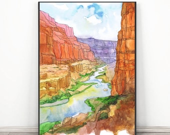 Grand canyon Art Print National park Poster, Voyage Arizona Peinture Aquarelle paysage, Randonnée murale art par Valentina Ra