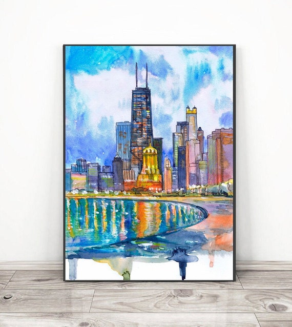 シカゴのスカイライン ウォールアートプリント 都市の水彩画