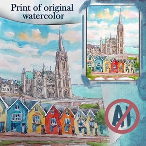 K&ouml;nnte beinhalten: Aquarelldruck einer Kathedrale und farbenfroher H&auml;user unter blauem Himmel. Das Kunstwerk zeigt eine detaillierte Darstellung einer hohen Kathedrale mit Turm und eine Reihe von H&auml;usern in verschiedenen Farben. Der Text "Print of original watercolor" steht oben.