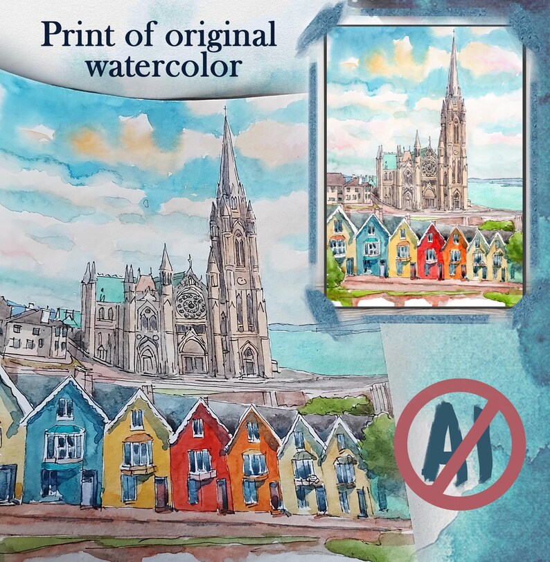 K&ouml;nnte beinhalten: Aquarelldruck einer Kathedrale und farbenfroher H&auml;user unter blauem Himmel. Das Kunstwerk zeigt eine detaillierte Darstellung einer hohen Kathedrale mit Turm und eine Reihe von H&auml;usern in verschiedenen Farben. Der Text "Print of original watercolor" steht oben.