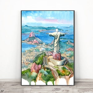 Impresión de arte de Río de Janeiro, horizonte de la ciudad de América del Sur - Impresión de arte de Brasil Pintura de acuarela - Cartel de viaje de Cristo Redentor, paisaje urbano