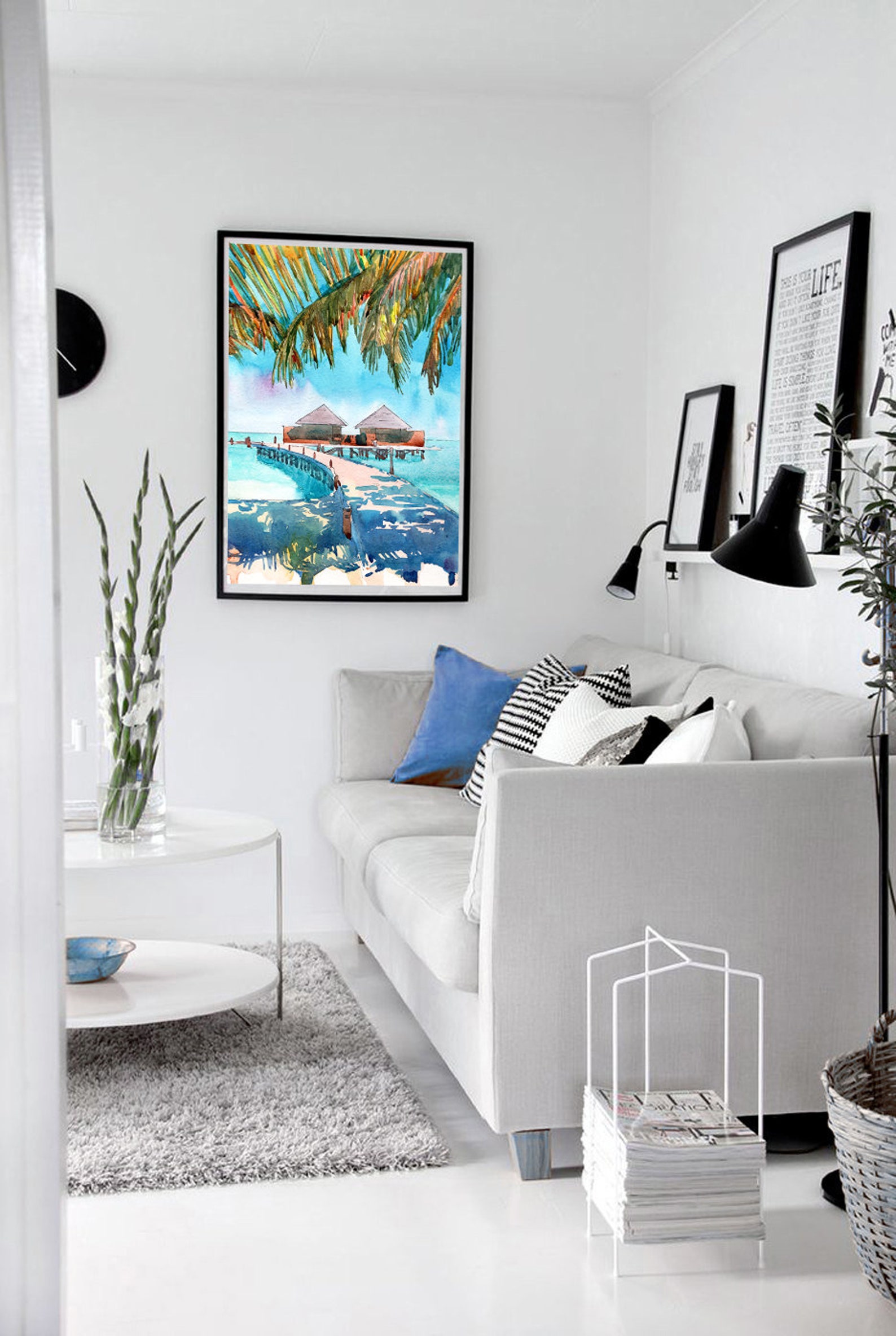 Maldives Art Print Palm Tree Beach Wall Art Watercolor Etsy