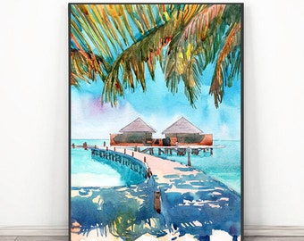 Malediven Kunstdruck, Palme Strand Wandkunst Aquarell Landschaft Küstenmalerei, Meer Landschaft Reiseposter