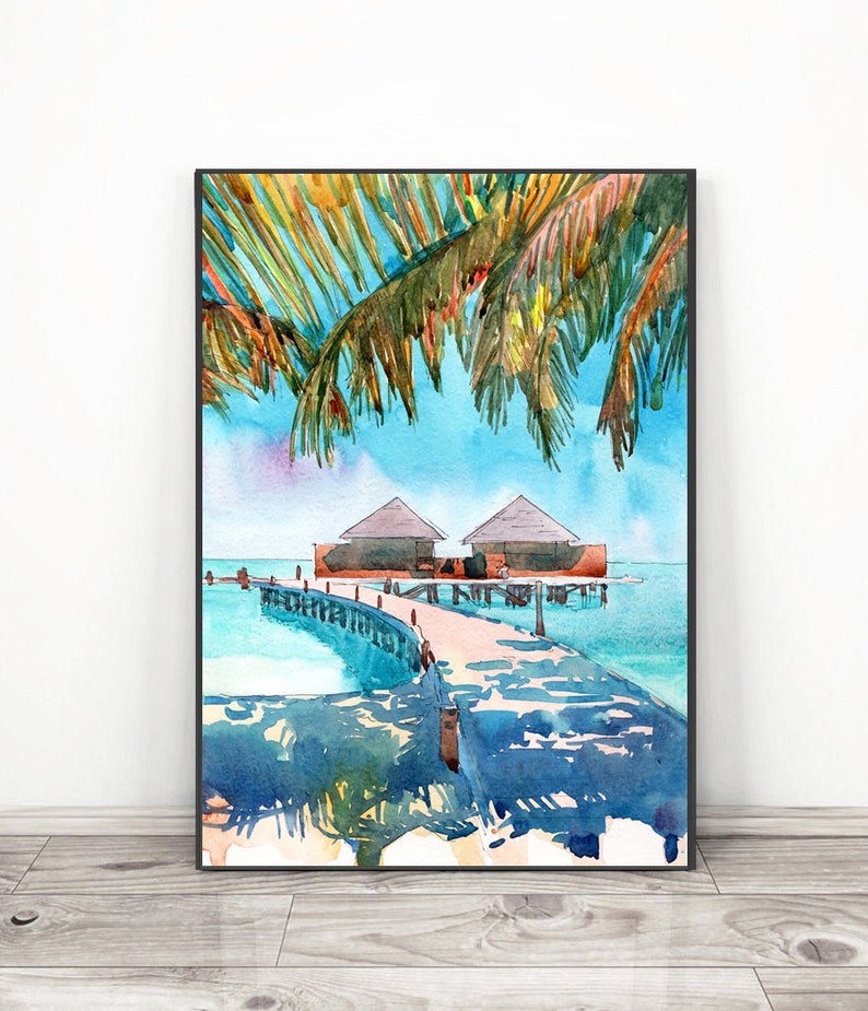 Maldives Art Print, Palm tree Beach Wall Art Watercolor Landscape Coastal Painting, Seascape Travel Poster Rainbow