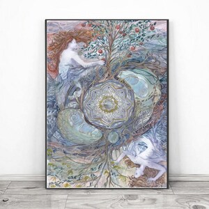 May include: A framed watercolor print featuring a mystical scene with two figures, a tree with red fruit, and a central mandala design. The artwork uses a palette of blues, greens, and earth tones, creating a dreamlike atmosphere. The print is displayed in a black frame.