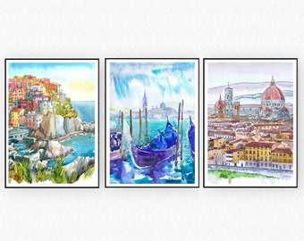 Italian prints set of 3 Wall Art , Italy Watercolor Painting Landscape, Travel poster European city print