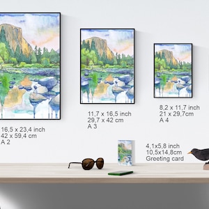 K&ouml;nnte beinhalten: Ein Aquarellbild einer Berglandschaft mit einem Fluss im Vordergrund. Das Bild ist in verschiedenen Gr&ouml;&szlig;en erh&auml;ltlich, darunter eine Gru&szlig;karte.