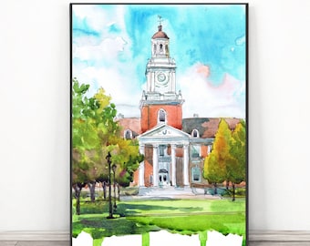 Johns Hopkins University Art Print, Gilman Hall Graduation Watercolor print,  Baltimore, Maryland wall art