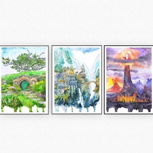 May include: Three watercolor paintings depicting scenes from a fantasy world. The first painting shows a hobbit hole with a green door and a lush garden. The second painting shows a mountain village with a waterfall and a bridge. The third painting shows a volcano erupting with a fiery sky.