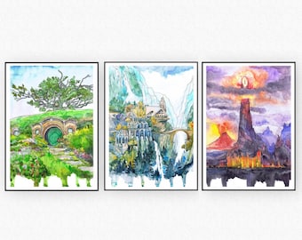 Fantasy Art, Set of 3 Prints  JRR Watercolor movie posters legendarium - Fantastic city wall art