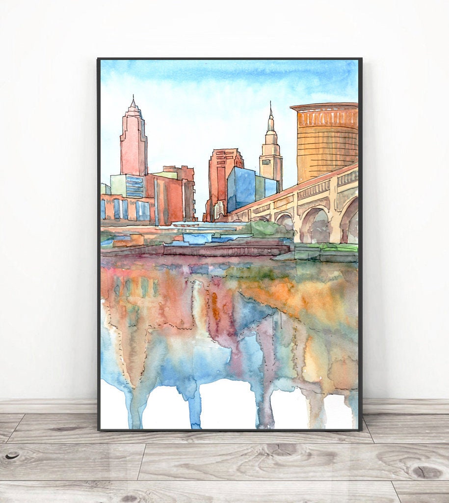 Cleveland Skyline Wall Art Print City Watercolor Painting Etsy