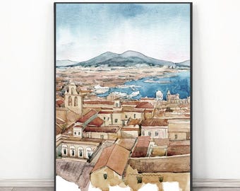ナポリ絵画イタリアアートプリント、地中海ジクレー水彩都市ポスター