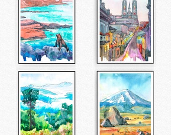 Ecuador Art Set of 4 prints  Watercolor landscape Painting, Volcano Travel poster, Beach themed decor  by Valentina Ra