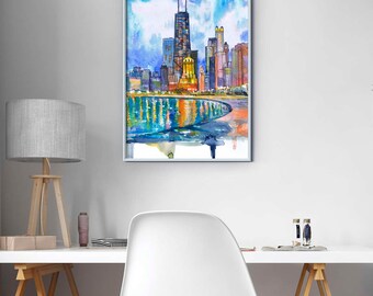 シカゴのスカイライン ウォールアートプリント 都市水彩画、風景、都市