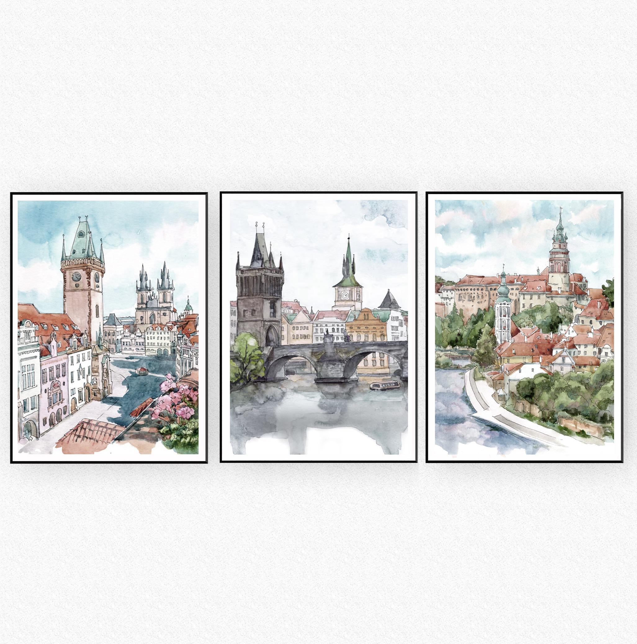 チェコ共和国水彩画セット: プラハ & チェスキー クルムロフ アート
