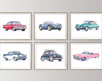 Old Car Art - Gallery wall set of 6 prints, Classic Car Decor, Retro Transportation Wall Art, Watercolor vintage vehicle