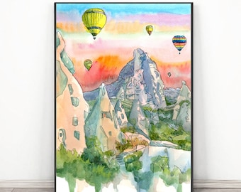 Сappadocia Druck Türkei Wand kunstdruck, Aquarell Asiatisches Reiseposter - Heißluftballon Stadtbild Malerei, Orientalischer AltstadtDruck