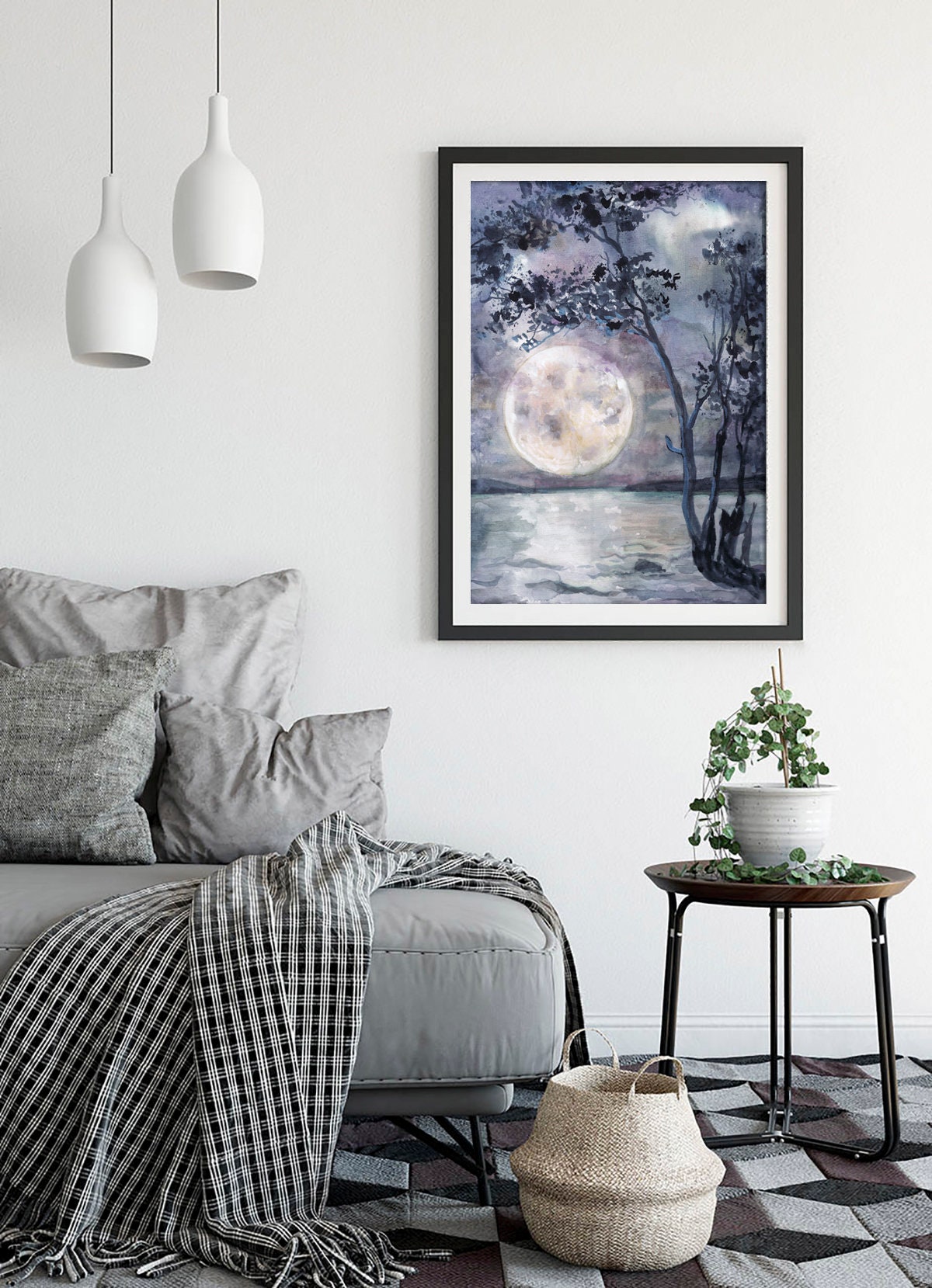 月の絵画の水彩画、夜空のプリント、満月の装飾アート、Valtntina Ra