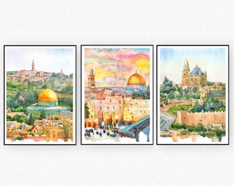 Jerusalem Malerei Israel Art Print 3er Set, Aquarell Asiatisch Reise Poster, Naher Osten Alte Stadt Stadtbild Wandkunst