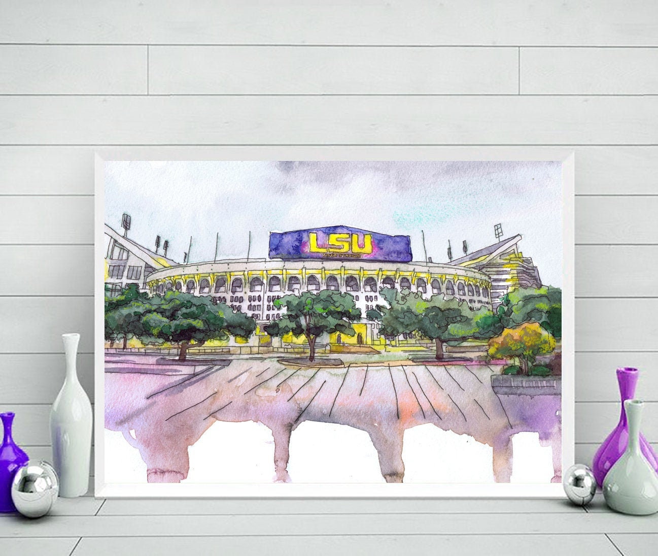Louisiana State University Stadium Art Watercolor Painting Print ...