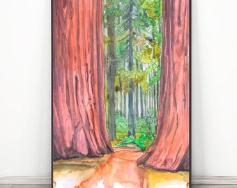 Sequoia National park Art  Redwood Travel Poster Watercolor Painting, Hiking wall art