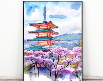 Kyoto Japan art print, Fuji mountain Wall art, Watercolor painting Cherry blossom art Asian Travel Poster - Oriental landscape  Senso-ji