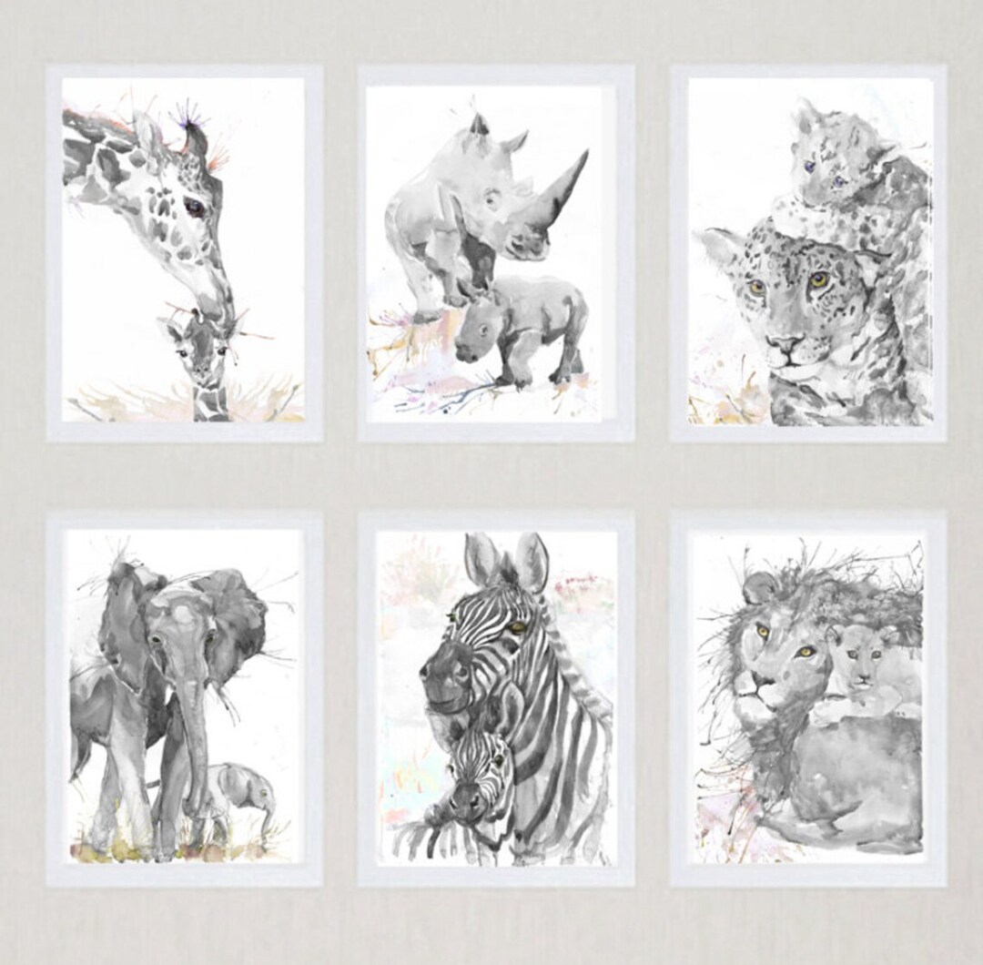 Neutral Nursery Art Work Animals Art Set of 6 Prints Watercolor