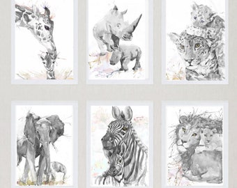 Neutral Nursery art work Animals Art Set of 6 Prints Watercolor Painting, Mother And Baby Safari Animal art Boy Girl Gray nursery Decor