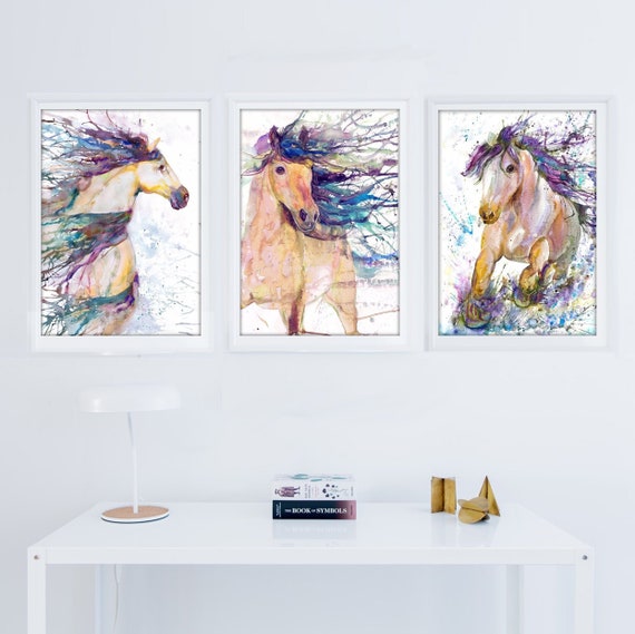 Horse Wall Art Watercolor Painting Set Of 3 Prints Equestrian | Etsy